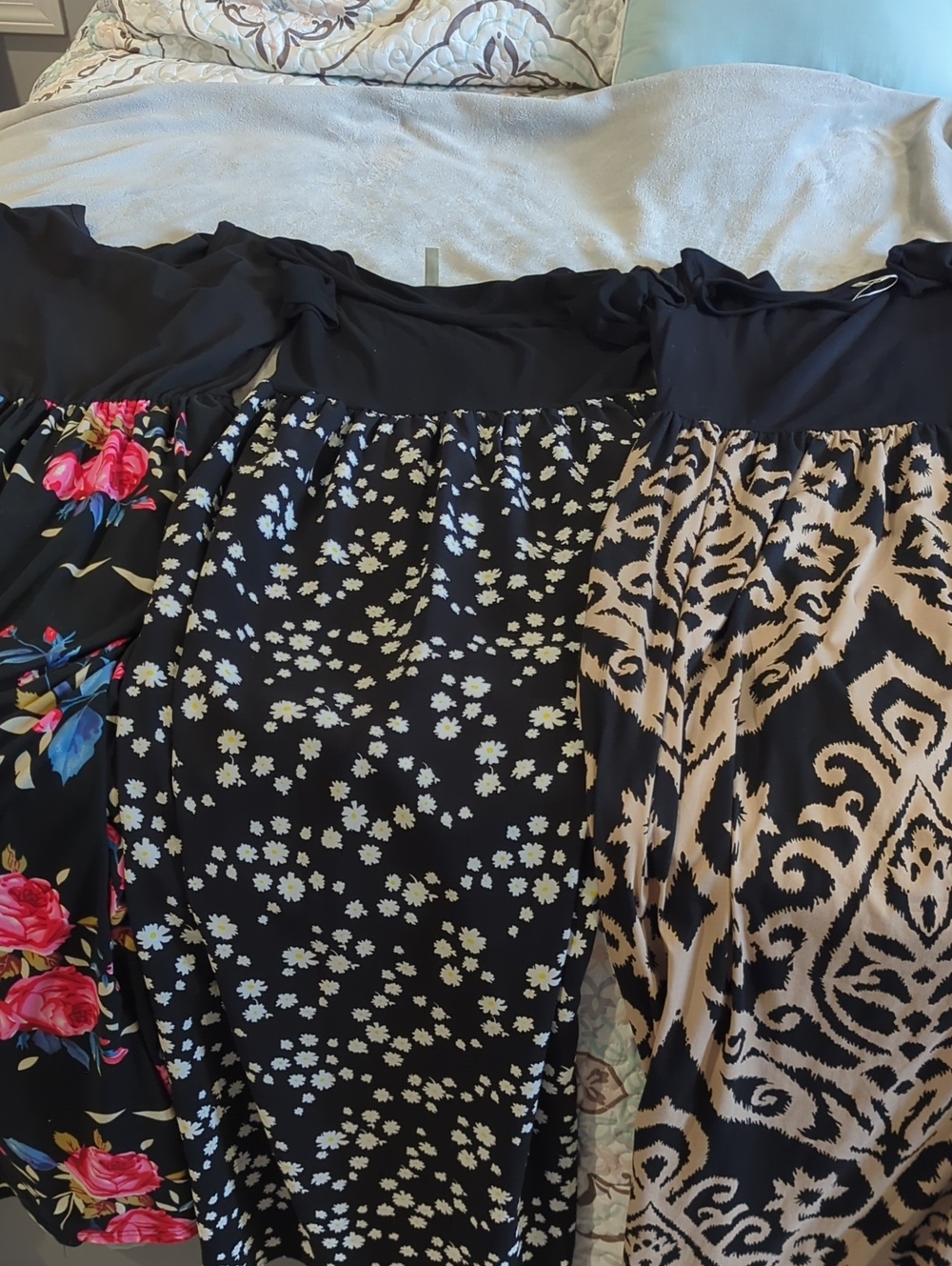 Three Patterned Dresses - Black Top, Designed Bottom (2 L, 1 XL)